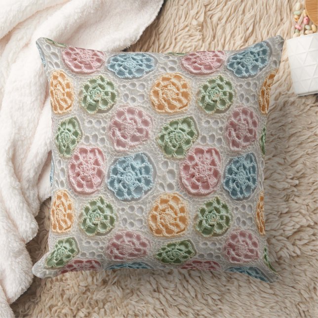 Pastel Pink Blue Green Orange Crochet Look Throw Pillow (Blanket)