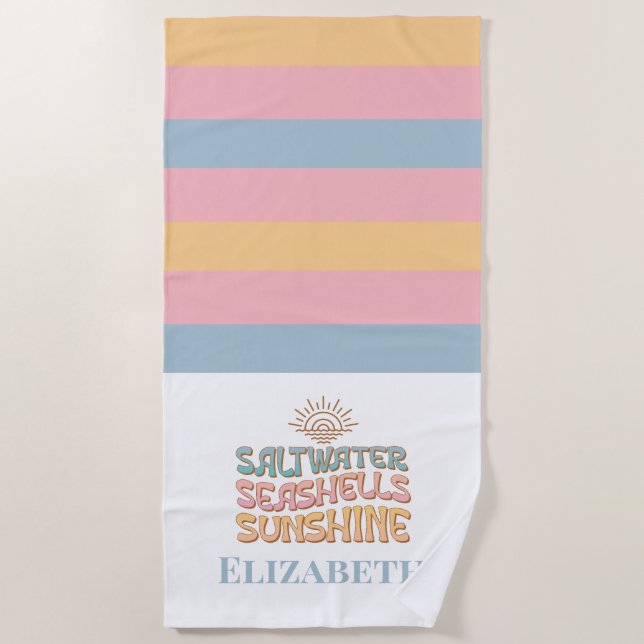 Pastel Pink Blue Orange Retro Coastal Custom Name Beach Towel (Front)