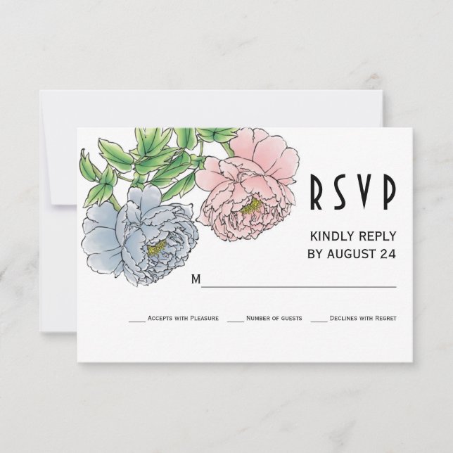 Pastel pink, blue peony flowers wedding RSVP Card (Front)