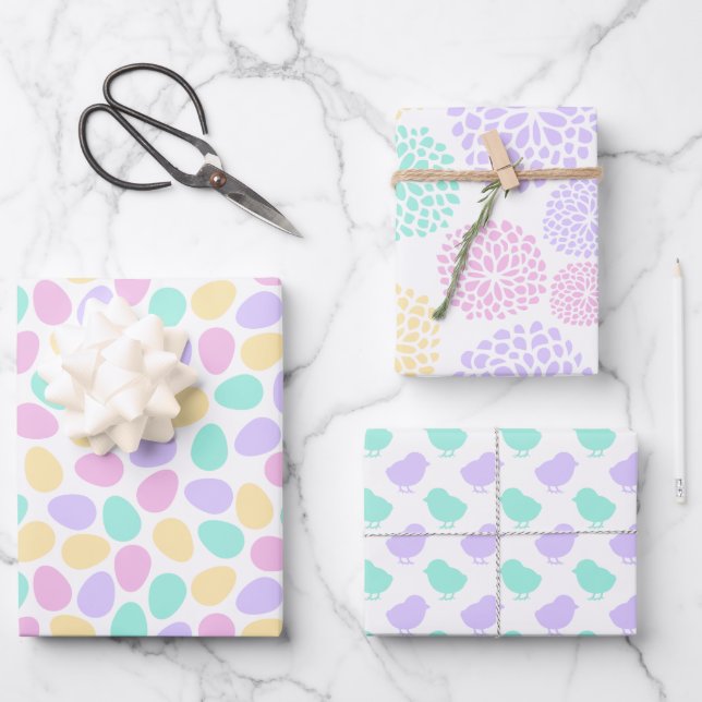PASTEL PINK BLUE PURPLE GREEN EASTER EGGS CHICKS WRAPPING PAPER SHEET (Front)
