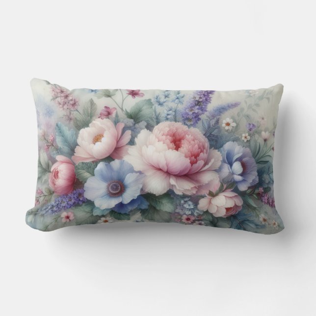PASTEL PINK BLUE & WHITE FLORAL BLOOMS LUMBAR PILLOW (Front)