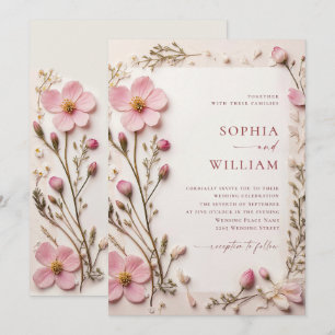 Pastel Pink Blush Boho Wildflowers Wedding Invitation