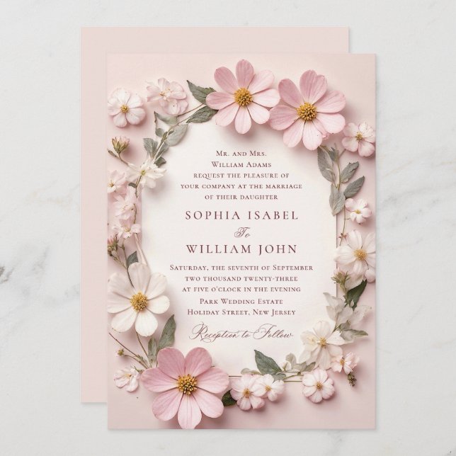 Pastel Pink Blush Boho Wildflowers Wedding QR code Invitation (Front/Back)