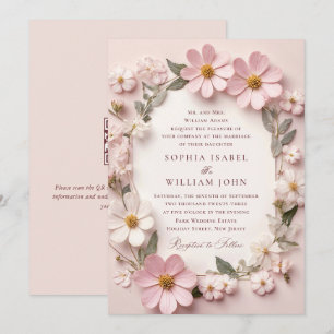 Pastel Pink Blush Boho Wildflowers Wedding QR code Invitation