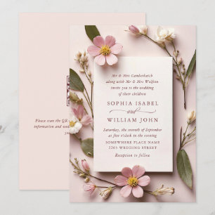 Pastel Pink Blush Boho Wildflowers Wedding QR code Invitation