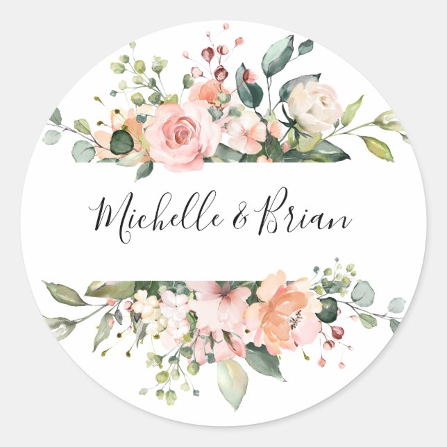 Pastel Pink Blush Rose Floral Botanical Wedding Classic Round Sticker (Front)