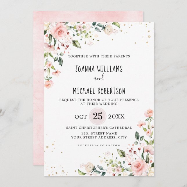 Pastel Pink Blush Rose Floral Botanical Wedding Invitation (Front/Back)