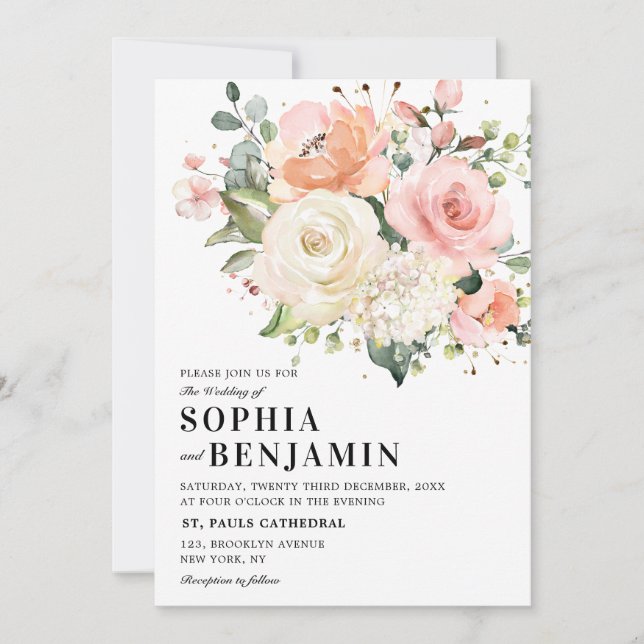 Pastel Pink Blush Rose Floral Botanical Wedding Invitation (Front)