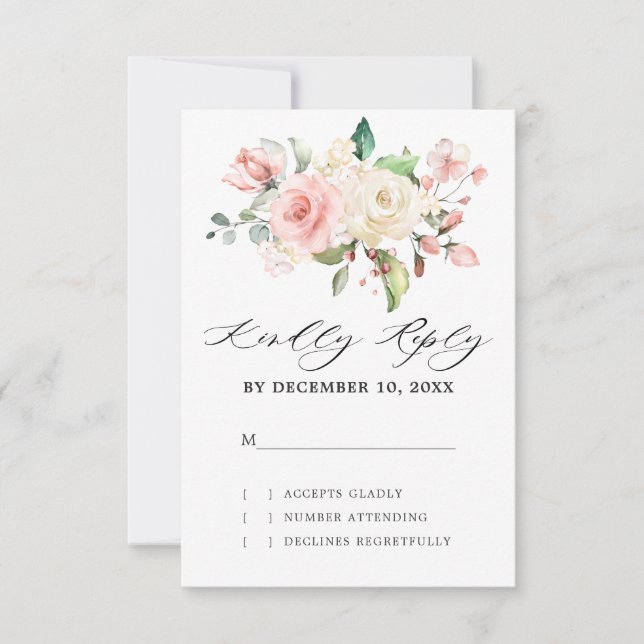 Pastel Pink Blush Rose Floral Botanical Wedding RSVP Card (Front)