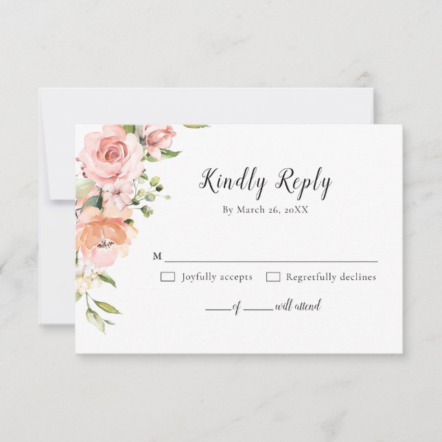 Pastel Pink Blush Rose Floral Botanical Wedding RSVP Card (Front)