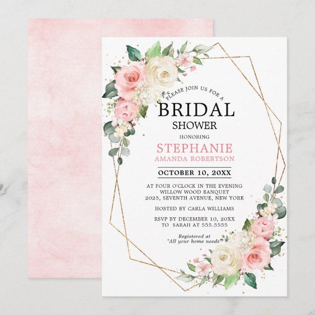 Pastel Pink Blush Rose Floral Bridal Shower Invitation (Front/Back)