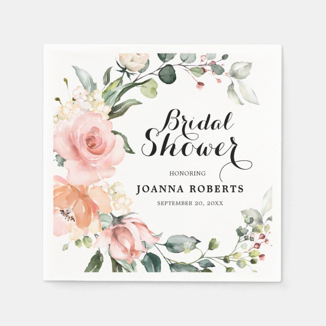 Pastel Pink Blush Rose Floral Bridal Shower Napkin (Front)