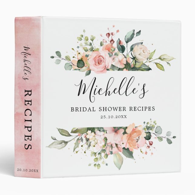 Pastel Pink Blush Rose Floral Bridal Shower Recipe Binder (Front/Spine)