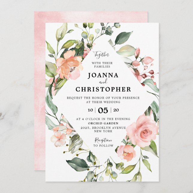 Pastel Pink Blush Rose Floral Geometric Wedding Invitation (Front/Back)