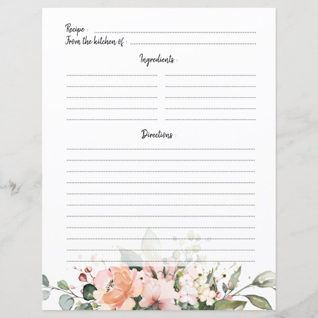 Pastel Pink Blush Rose Floral Recipe Card (Front)