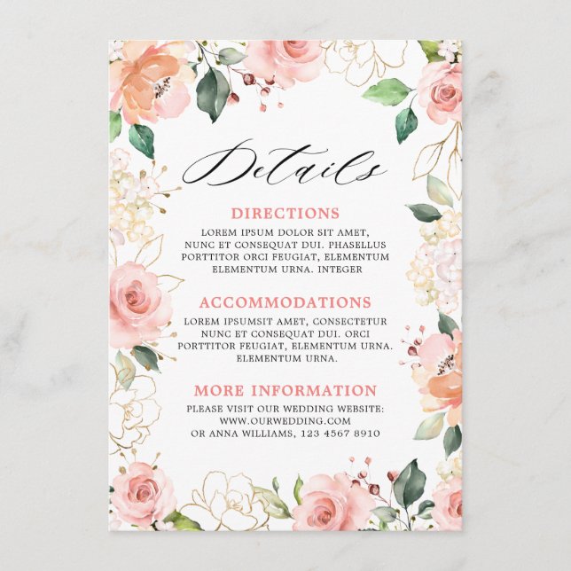 Pastel Pink Blush Rose Floral Wedding Details Enclosure Card (Front)