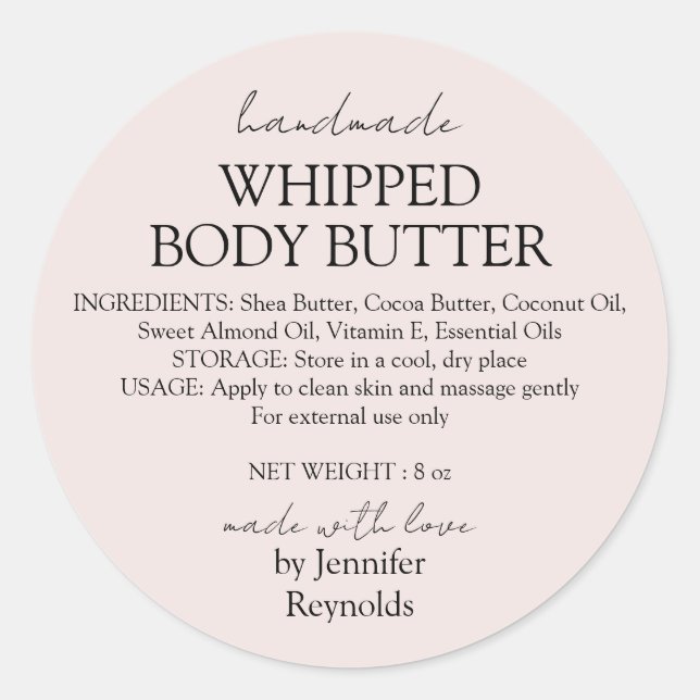 Pastel Pink Body Butter Organic Business Classic Classic Round Sticker (Front)