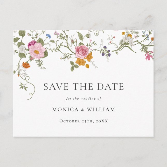 Pastel Pink Boho Floral Wildflower Save the Date Postcard (Front)