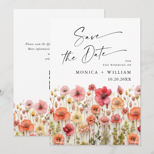 Pastel Pink Boho Wild Flowers Wedding QR code Save The Date (Front/Back)