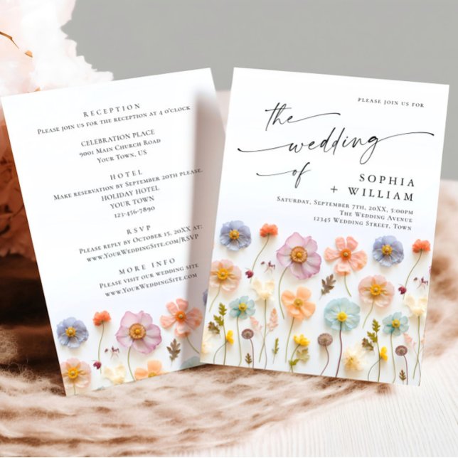Pastel Pink Boho Wildflowers Wedding Details Invitation (Creator Uploaded)