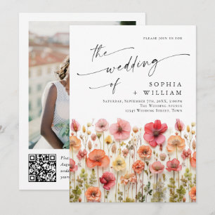 Pastel Pink Boho Wildflowers Wedding QR code Photo Invitation