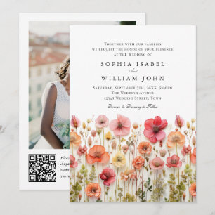 Pastel Pink Boho Wildflowers Wedding QR code Photo Invitation