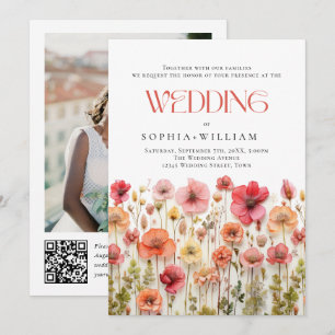 Pastel Pink Boho Wildflowers Wedding QR code Photo Invitation