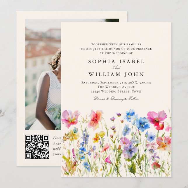 Pastel Pink Boho Wildflowers Wedding QR code Photo Invitation (Front/Back)