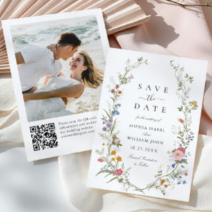 Pastel Pink Boho Wildflowers Wedding QR code Photo Save The Date