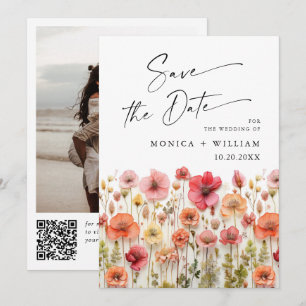 Pastel Pink Boho Wildflowers Wedding QR code Photo Save The Date