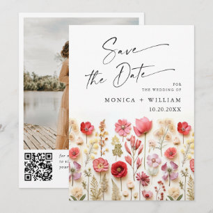 Pastel Pink Boho Wildflowers Wedding QR code Photo Save The Date
