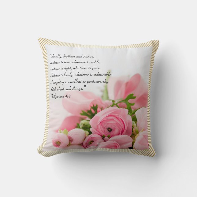 Pastel Pink Bouquet of Flowers Bible Verse Throw Pillow (Front)