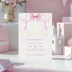 Pastel Pink Bow & Elegant Gold Script Birthday