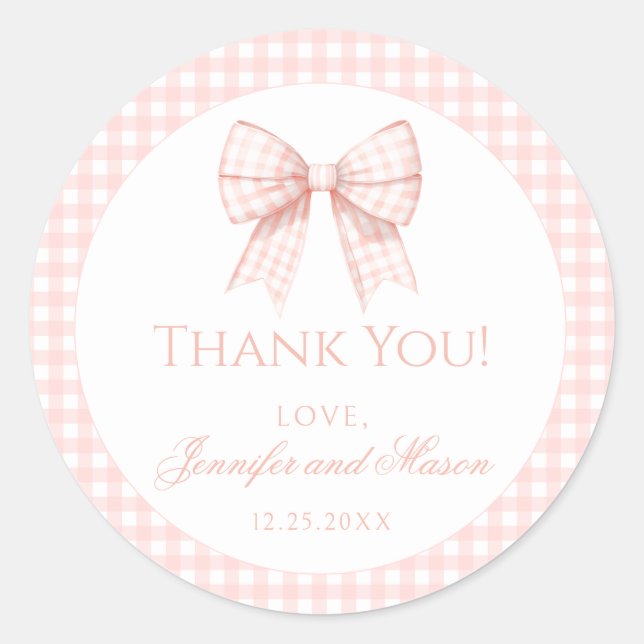 Pastel pink bow gingham baby shower thank you classic round sticker (Front)