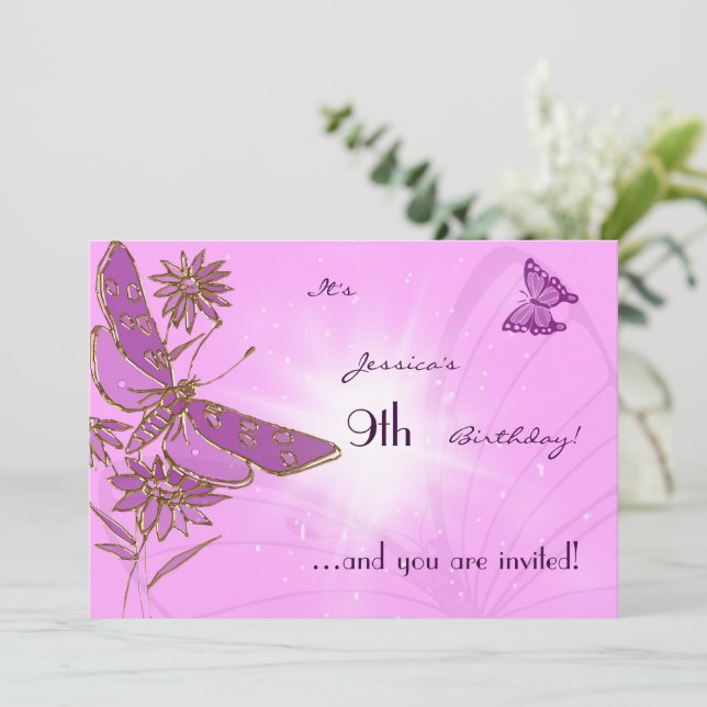 Pastel Pink Butterfly Birthday Invitation Card (Standing Front)