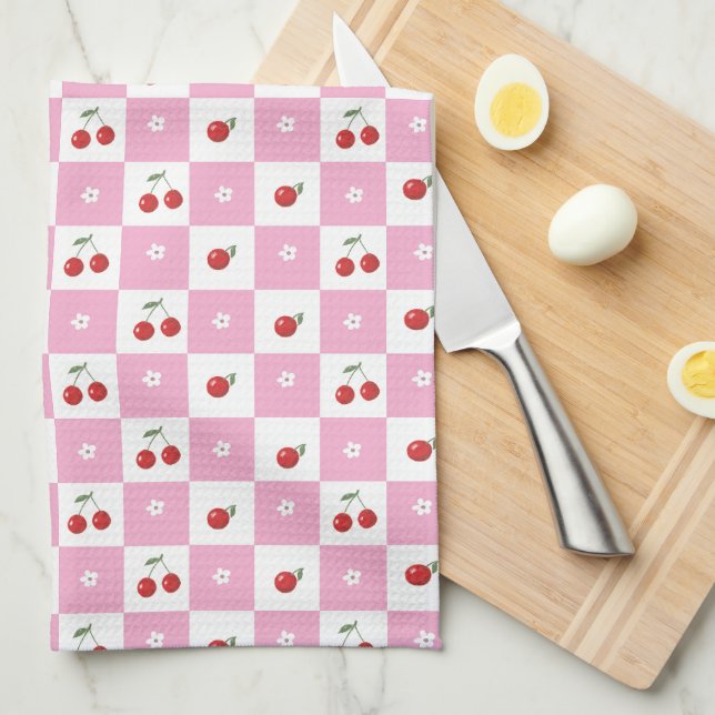 Pastel Pink Check Motif Cherries Serviettes de cui (Quart Plié)