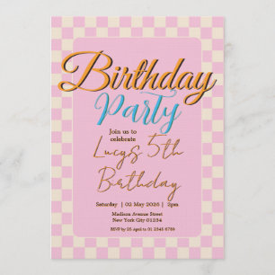 Pastel Pink Checkered Birthday Party Invitation