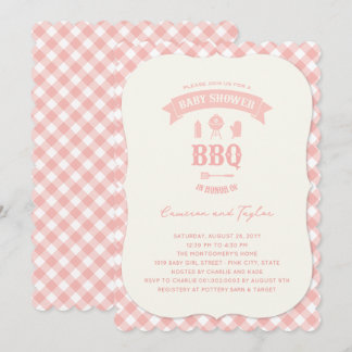 Pastel Pink Checks BBQ Chic Girl Baby Shower Party Invitation