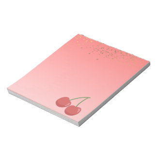 Pastel Pink Cherry Notepad with Gold Star Glitter