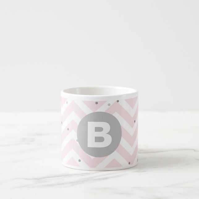 Pastel Pink Chevron and Dots Grey Monogram Espresso Cup (Front)
