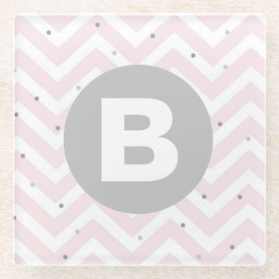 Pastel Pink Chevron and Dots Grey Monogram Glass Coaster