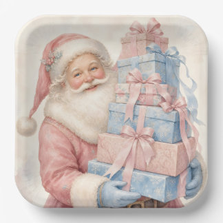 Pastel Pink Christmas Santa Claus with Gifts Paper Plate