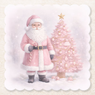 Pastel Pink Christmas Santa  Paper Coaster