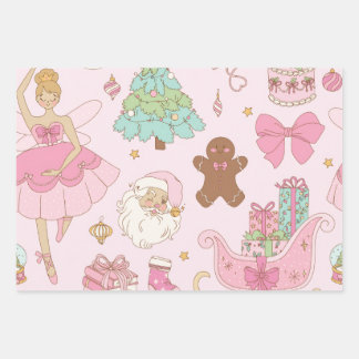 Pastel Pink Christmas Trees Bows Holiday  Wrapping Paper Sheet