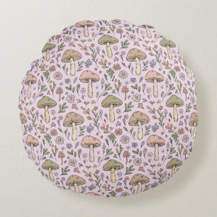 Pastel Pink Cottagecore Fungi Seamless Pattern Round Pillow