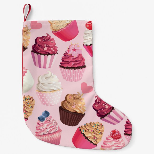 Pastel Pink Cupcakes: Vintage Pattern. Small Christmas Stocking (Front)