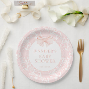 Pastel pink cute bow ribbon baby girl shower paper plate