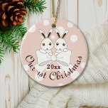 Pastel Pink Cute Bunny Twin Girl Christmas Ceramic Ornament<br><div class="desc">The product design features bunny twins with an off-white ribbon and polka dots. This adorable animal cartoon makes a cute and unique ceramic Christmas ornament with personalized text for girls.</div>