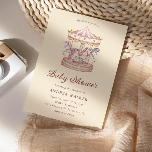 Pastel Pink Cute Carousel Girl Baby Shower Invitation (Creator Uploaded)