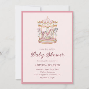 Pastel Pink Cute Carousel Girl Baby Shower Invitation